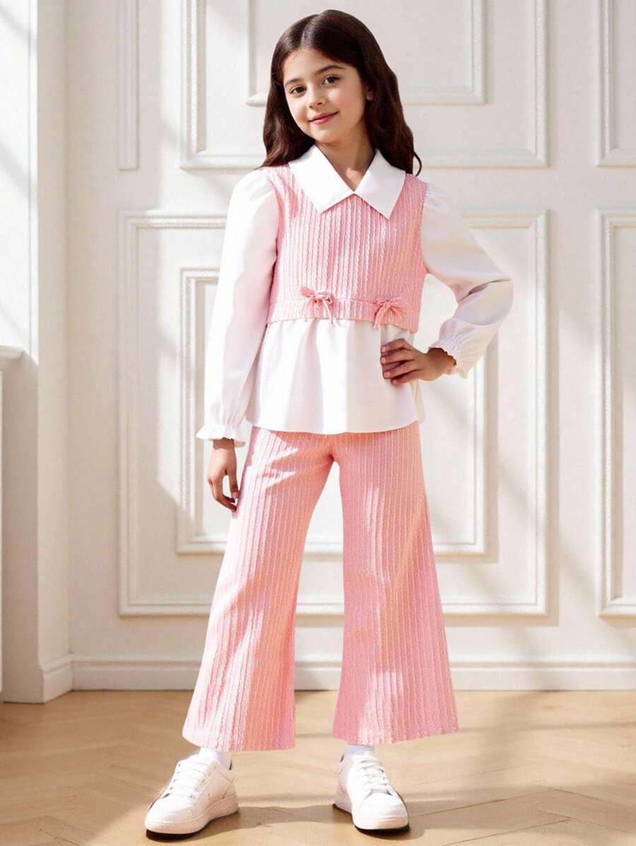 Young Girl Bow Decor 2 In 1 Long Sleeve Shirt And Flare Pants Cute Set - Multicolor - View 1