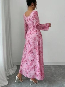 Modelyn Women's Autumn Long Sleeve Chiffon Dress With Front Ruched Design & Butterfly Print Pattern Fall Cloth For Women - Pink - View 2