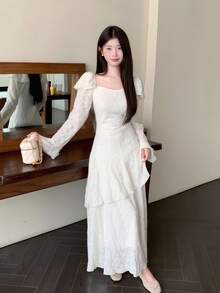 Modelyn Vestido de manga larga con volante en la cintura y bajo, estilo único francés - Beis - Ver 4