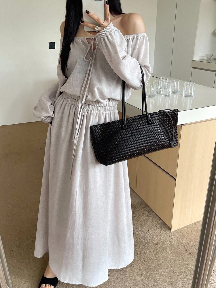 DAZY New Autumn Loose Casual Slouchy Bowknot Off Shoulder Women 2 Pieces Set Lounge Sets For Women - Apricot - View 5