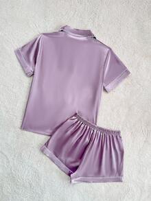SHEIN 2件套缎面镶边领睡衣套装 - 淺灰紫 - 查看 2