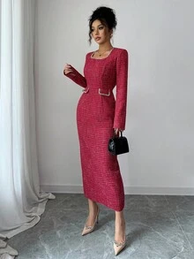 Elenzga Damen Patchwork Saum Schlitz Bleistiftrock, tailliertes Design, langes elegantes vintage minimalistisches Kleid, geeignet für Ausflüge, Dates, Alltag, Teegesellschaften, Herbst/Winter - Bordeaux - Übersicht 4