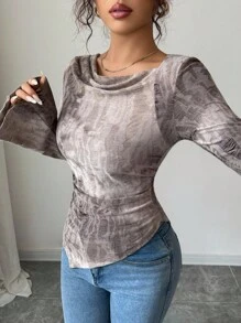Elenzga 女式垂坠领提花喇叭袖抽绳腰部不对称下摆长款休闲复古哥特式 T 恤，适合外出、日常穿着、万圣节、秋季女装 - 棕色 - 查看 6