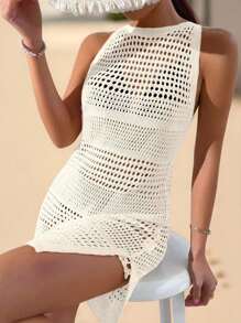 Ladies' Solid Color Simple Daily Sleeveless Cover Up Crochet Dress Summer - Beige - View 5