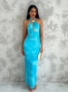 Glamine 女式贝壳装饰露背蓝色夏季海滩度假性感旅行节日派对连衣裙 - 随机印花图案选择 - 彩色 - 查看 4