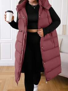 EURMUSE Plus Size Long Hooded Black Winter Vest Jacket - Dusty Pink - View 5