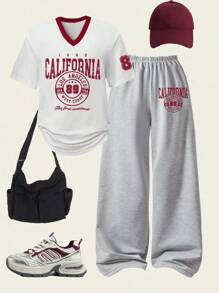 2件套休闲学院风女孩数字图案V领短袖阔腿运动裤套装 - 彩色 - 查看 1