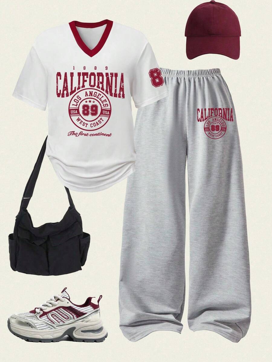 2件套休闲学院风女孩数字图案V领短袖阔腿运动裤套装 - 彩色 - 查看 1