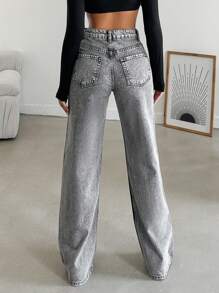 EURMUSE 100%Cotton Solid Slant Pocket Casual Wide Leg Jeans - Light Grey - View 2