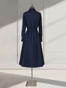 Franclia 海军蓝色长袖中长连衣裙，时尚法式束腰，适合秋季女性 - 藏蓝色 - 查看 2