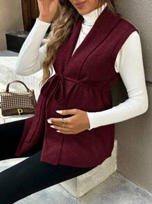 SHEIN Jednokolorowa, ściągana w pasie, modna, dzianinowa kamizelka dla kobiet w ciąży - Burgund - Zobacz 5