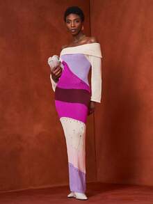 Zivah Vestido largo de una sola manga con cuello vuelto, degradado parcial de color púrpura, blanco y vino tinto, para mujer. Vestido de punto para vacaciones de primavera y verano, fiestas de crucero, citas diarias y de celebridades de internet.