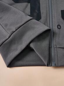 Paul Frank X SHEIN 2 piezas Conjunto de sudadera con capucha con cremallera y pantalón de chándal estampado numérico deportivo y casual para niña preadolescente, gris - Gris - Ver 4