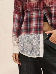 Easelle Damen Karohemd mit Kontrast-Spitze, Langarm, Knopfleiste, Lässig - Mokka-Braun - Übersicht 8