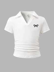 SHEIN Leap Crew Tricou polo cu mânecă scurtă, croit, culoare solidă, casual, cu fluture, pentru fete preadolescente - alb - Vizualizare 9