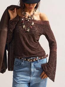 Bohemela Áo thun nữ hở vai tay loe phối ren màu trơn phong cách Boho cổ điển - Màu nâu  Mocha - Xem 7