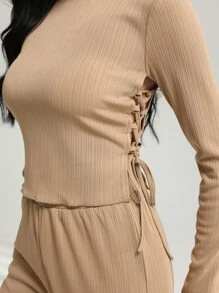 Modelyn 2件套女士纯色圆领侧镂空抽绳长袖上衣和直筒裤 - 卡其色 - 查看 7