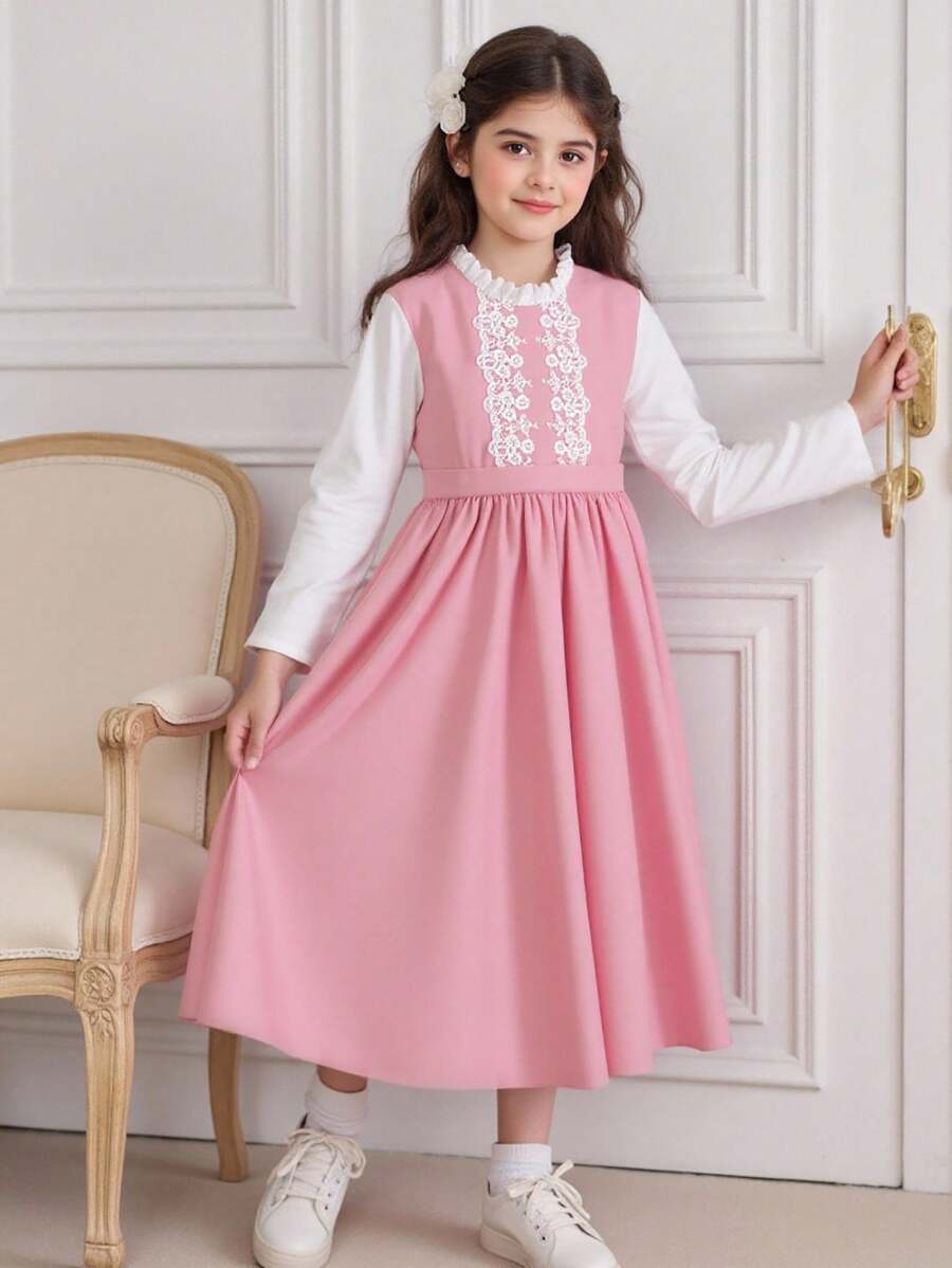 SHEIN 女童长袖 A 字裙,白色袖子和粉色连衣裙,可爱的花卉蕾丝边,适合日常穿着和通勤 - 粉色 - 查看 1