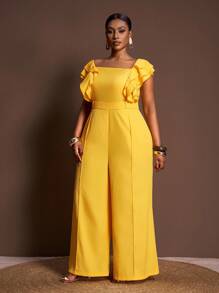 Veslaya 2025 新款女士曲线紧身连衣裤方领荷叶袖褶皱上衣高腰阔腿裤优雅裤套装 - 黃色 - 查看 5