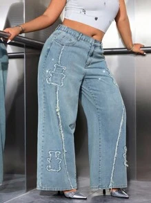 Jeanoix Quần jean ống rộng rộng rãi, thoải mái, sờn rách, đính đá Rhinestone cỡ lớn - Màu xanh lam - Xem 3