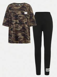 SHEIN Tween Girl Casual Street Style Camouflage Pattern Loose Oversize Letter English Slogan Crew Neck Short Sleeve T-Shirt And Fitted Leggings 2 Pieces Set - Army Green - View 4