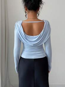 Modelyn Knitted Draped Neck Ruffle Long Sleeve Hollow Back Metallic Butterfly Decor Elegant French T-Shirt Fall Cloth For Women - Blue - View 2