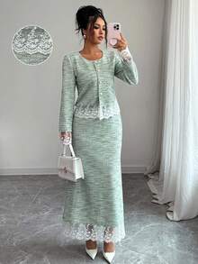 Modelyn Bộ 2 món thanh lịch dành cho nữ: Áo dài tay viền ren phong cách Pháp và chân váy midi - màu xanh lá - Xem 6
