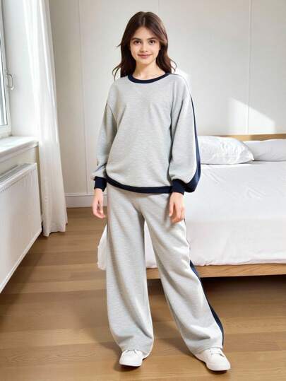 2 件套青少年女孩休闲运动家居服运动衫和阔腿运动裤套装，拼色超大圆领长袖连帽衫和裤子返校装，灰色和海军蓝