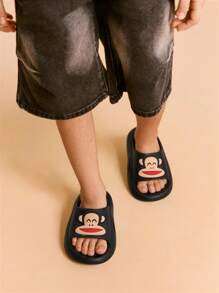 Paul Frank X SHEIN 可爱卡通猴子黑色男童儿童一脚蹬拖鞋儿童防滑速干淋浴拖鞋，轻便耐用的 EVA 材质，男女通用，适用于室内、浴室、游乐场、游泳池、海滩室内外 - 黑色 - 查看 9