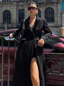 DAZY 女士纯色修身长袖翻领优雅休闲加厚外套，秋冬款 - 黑色 - 查看 6