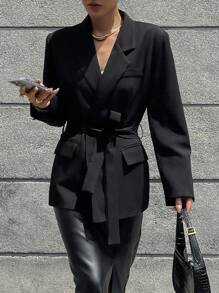 DAZY Women's Elegant Solid Color Waist Belt Blazer, Autumn Business Attire - Black - View 9