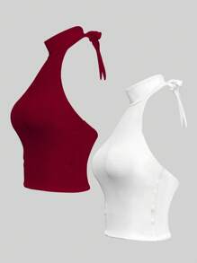 Chiquease Bộ 2 áo croptop không tay hở lưng màu trắng và đỏ rượu vang, thích hợp làm áo sinh nhật, áo gợi cảm cho buổi hẹn hò, áo dự tiệc, áo đi chơi, áo dự tiệc cocktail, áo cổ yếm không thể thiếu cho các bữa tiệc. - Nhiều màu - Xem 3