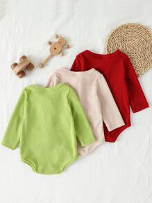 3件套婴儿男女通用休闲简约多色开襟长袖连体衣，适合春秋季日常穿着、外出，男女宝宝连体衣，新生儿服装，婴儿连体衣，新生儿男女通用服装，婴儿套装，中性尺码1-3-6-9-12-24-1T-2T，秋冬季 - 彩色 - 查看 2