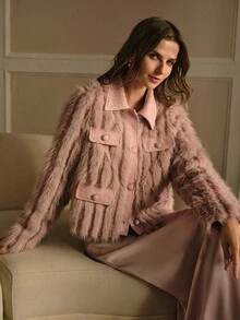 MOTF PREMIUM Áo khoác lông thú giả Tweed - Hồng - Xem 3