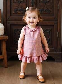 SHEIN Baby Girls' Ruffle Round Neck Sleeveless A-Line Dress. The Neckline And Sleeve Cuffs Are Designed With Ruffles, Making The Entire Dress More Lively And Cute. The Round Neckline Design Is Classic And Elegant, The Sleeveless Style, And The Ruffle A-Line Hemline Add An Elegant Touch. The Loose Fit Is Suitable For Babies Of Various Builds. This Dress Is Suitable For Various Occasions. - Multicolor - View 10
