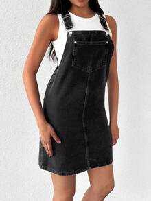 EURMUSE Women's Casual Loose Pocket Design Denim Pinafore Dress - Light Grey - View 4