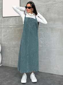 EURMUSE WOMEN LONG DENIM DRESS POCKET DETAILED - Teal Blue - View 3