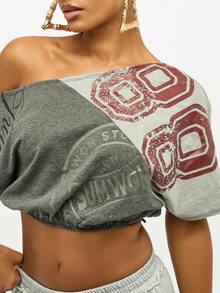 SUMWON WOMEN Off Shoulder Graphic Print Crop Top Oversized T-Shirt Distressed Vintage Varsity Collegiate Style Fashion Fall Winter Casual Loungewear - Grey - View 4