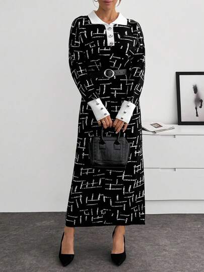 EURMUSE Women's Colorblock Polo Collar Long Sleeve Elegant Knit Sweater Dress For Commuting Black And White Maxi Dress Graphic Dress Maxi Long Sleeve Dress Modest Dress Printed Maxi Dress