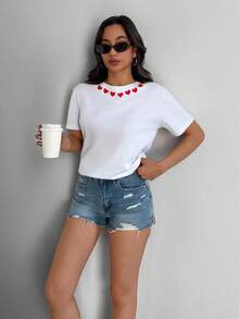 RueChic Woman Short Sleeve Solid Color Heart Printed Neck T-Shirt Tee - Cream - View 5