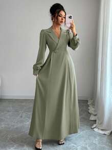 Selianne 女式束腰无袖 A 字形拉链度假波西米亚风优雅翻领连衣裙，女士优雅服装，秋冬连衣裙，外出连衣裙，秋季女装，冬季朴素女装 - 綠色 - 查看 5