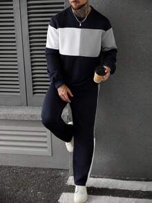 Manfinity Homme 男士撞色圆领长袖休闲运动衫和运动裤套装男士两件套运动服男士运动服套装男士慢跑服男士运动服套装休闲两件套男士秋季服装 - 彩色 - 查看 3