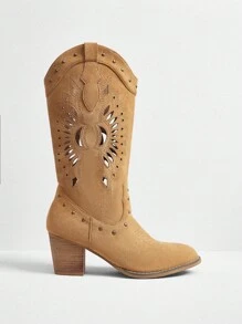 Styleloop Women's Hollow Out Western Style Pointed Toe Chunky Heel Mid-Calf Boots, BOHO Chic American Retro Bohemian Western Music Festival Party Christmas Halloween Outfit - Camel - View 2