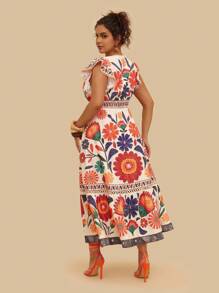 SHEIN VCAY Robe maxi à manches volantées avec imprimé floral tropical, col en V et lien à la taille, pour grandes tailles. Convient pour les vacances, les fêtes, la rentrée, les sorties, le printemps/été/automne - Multicolore - Voir 2