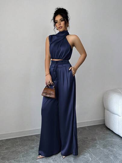 Firerie 2pcs Women Elegant Commuter Layered Collar Top And Wide Leg Pants Set, Teacher's Uniform, Lightweight Comfortable Suit Navy Blue