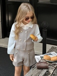 SHEIN Elladie kids 3件套女童长袖翻领休闲衬衫、精致珍珠纽扣背心外套、短裤套装，现代风格儿童服装，春秋冬装 - 卡其色 - 查看 4