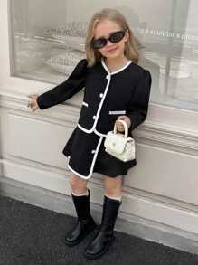 SHEIN Elladie kids 2pcs Young Girls Fashion White Button Black Long Sleeve Faux Pocket Jacket Paired With Comfortable Autumn/Winter 2 In 1 Skirt Set Fall - Black - View 5