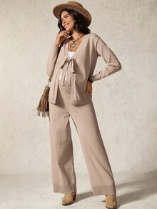 Boho Mama Maternity Solid Color Long Sleeve Knotted Front Cardigan And Knit Pants Casual Suit - Brown - View 6
