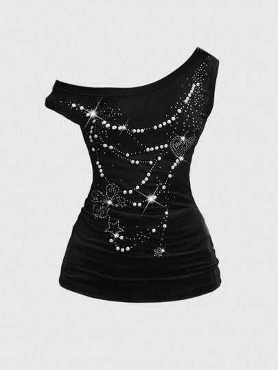 Grunge Punk Camiseta ajustada asimétrica con cuello de mujer con estampado, adornada con cristales, collar multicapa romántico punk Y2K para fiesta