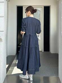 SHEIN Unity 女式秋季深牛仔蓝休闲通勤长款牛仔连衣裙，女式秋季服装，返校节服装，外出服装，商务休闲女装，哥特式女装 - 深色水洗藍 - 查看 2